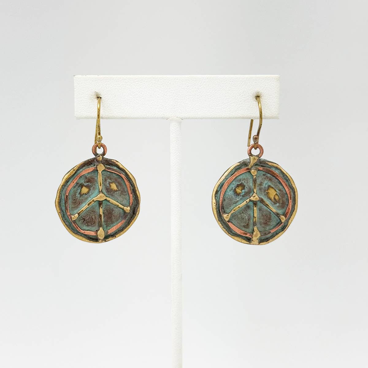 Handcrafted Verdigris Peace Sign Brass Patina Dangle Earrings Silver Elegant