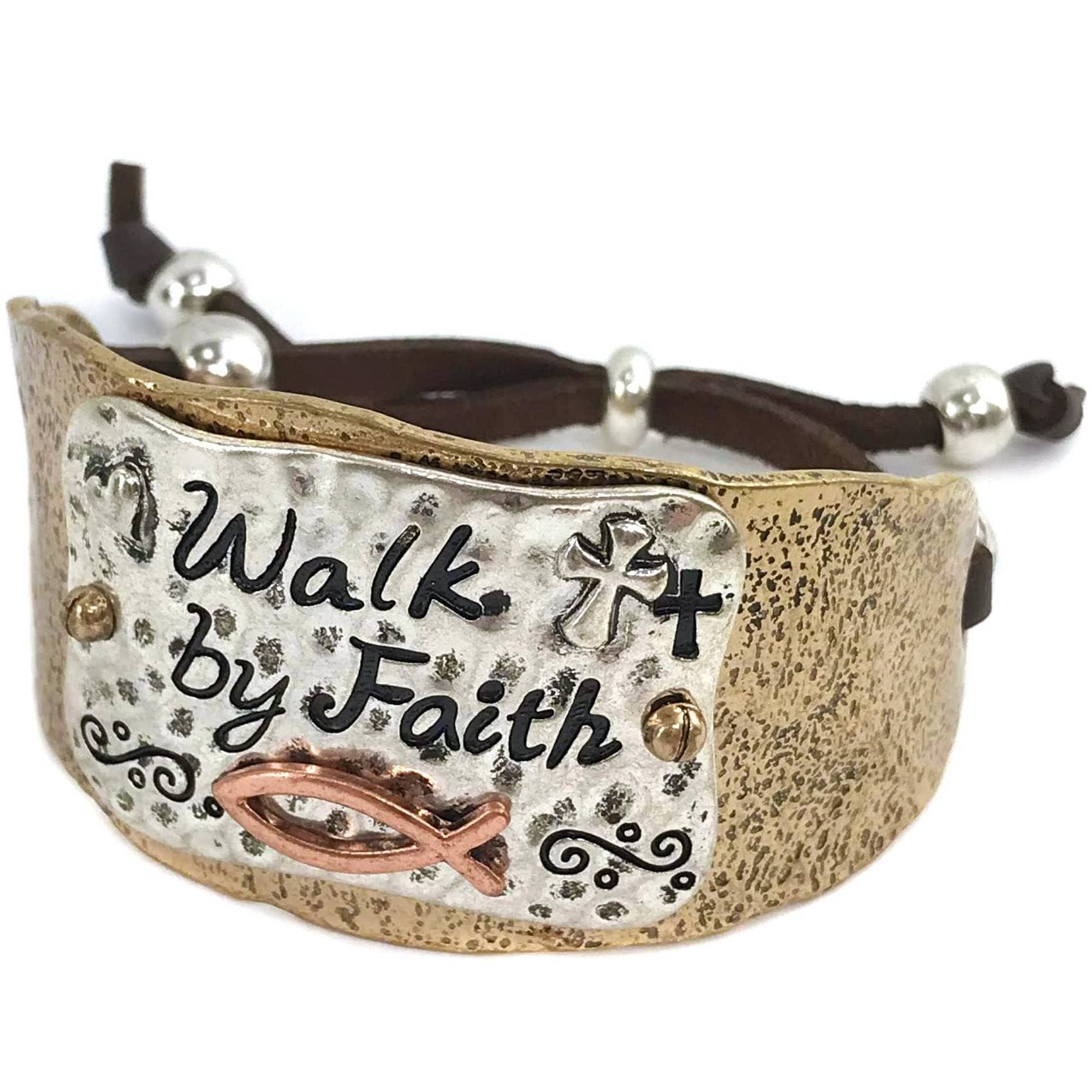 Walk By Faith Cross Patina Bracelet Cuff Gold With Adjustable Leather Strap WildWestBoho