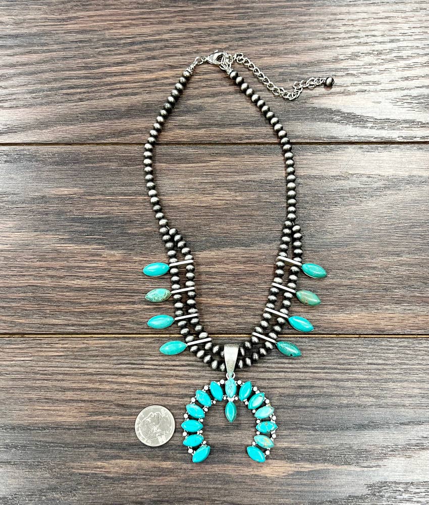 Squash Blossom Turquoise Necklace 18 to 23 Inch Extender Silver Elegant