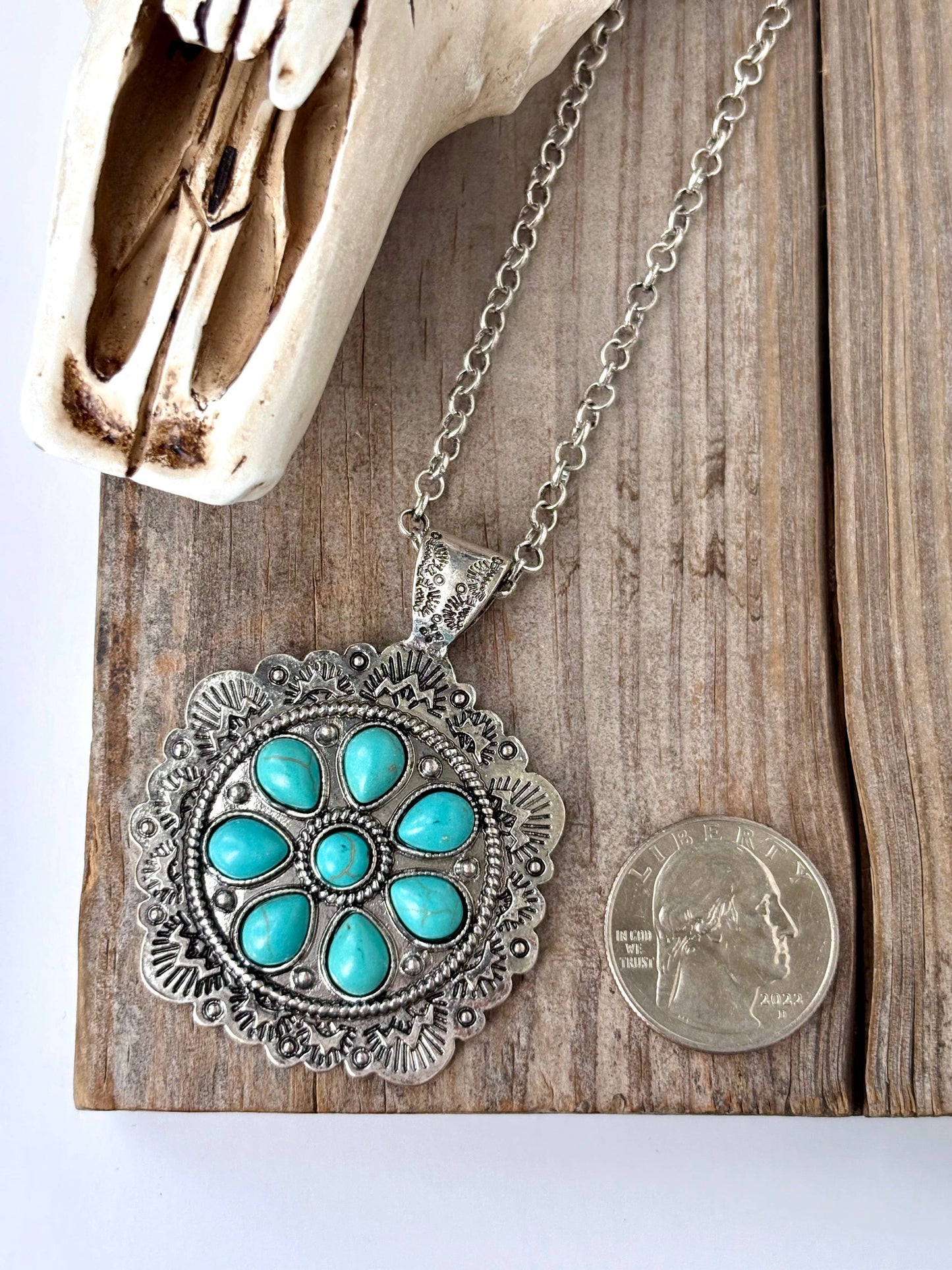 Western Style Turquoise Stone Concho Pendant Necklace with Brushed Silver Finish WildWestBoho