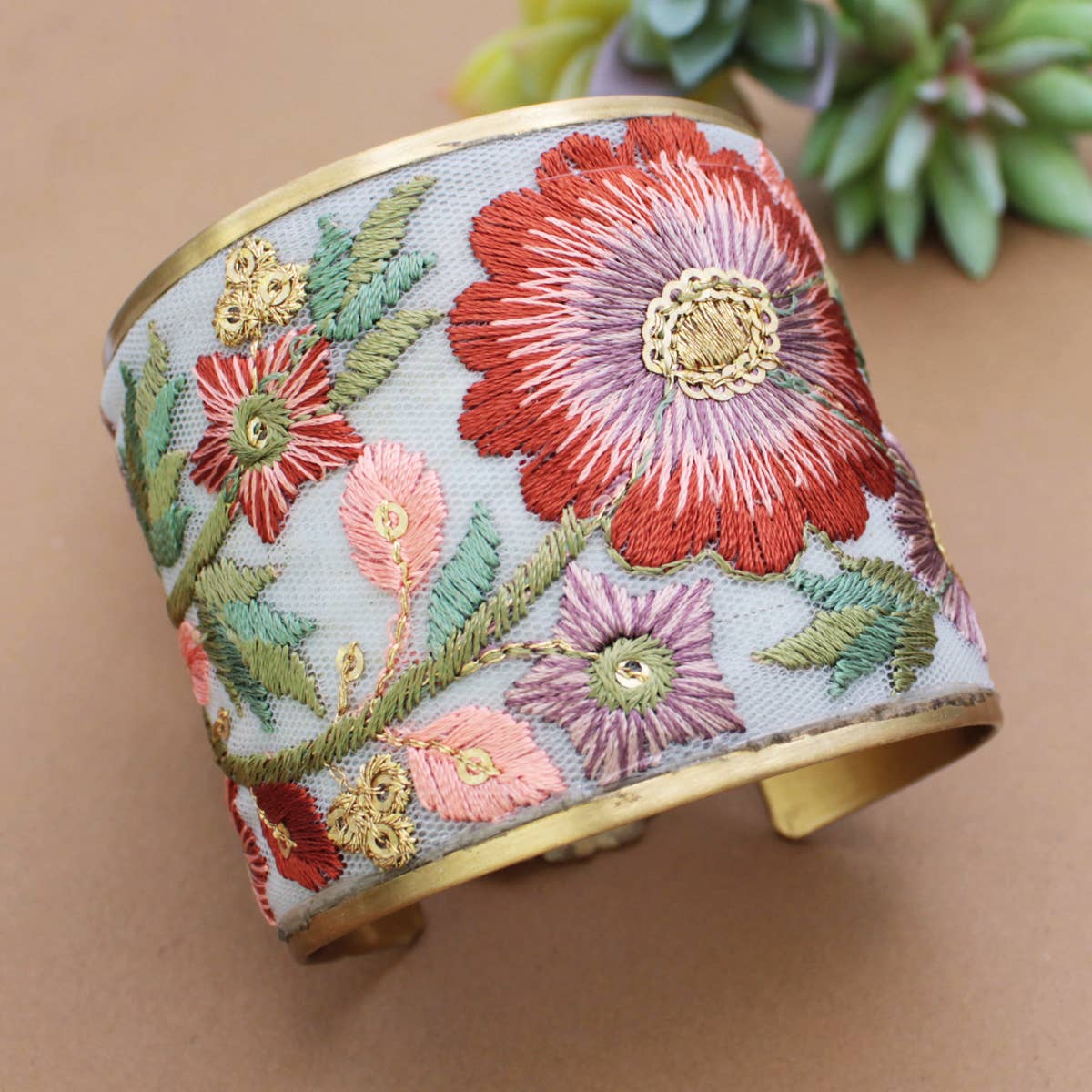 Autumn Bloom Handcrafted Embroidered Gold Cuff Flex Bracelet With Floral Embroidery Wild West Boho
