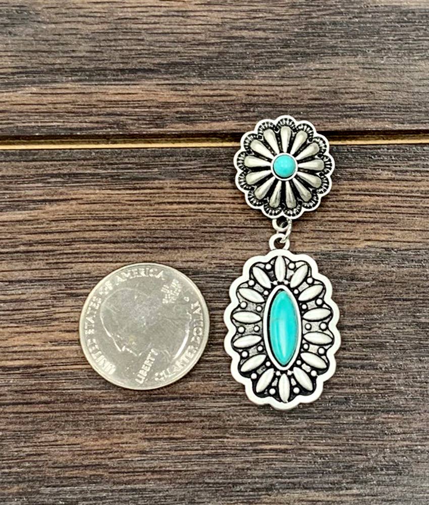 Concho Turquoise Brass Post Earrings 2.2 Inches Long Antique Silver Plate Silver Elegant