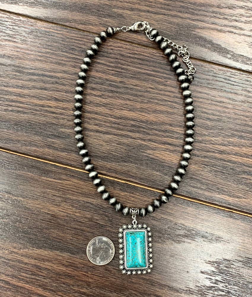 Handmade Navajo Style Turquoise 4 mm Bead Necklace with Pendant 16 to 21 Inches Wild West Boho