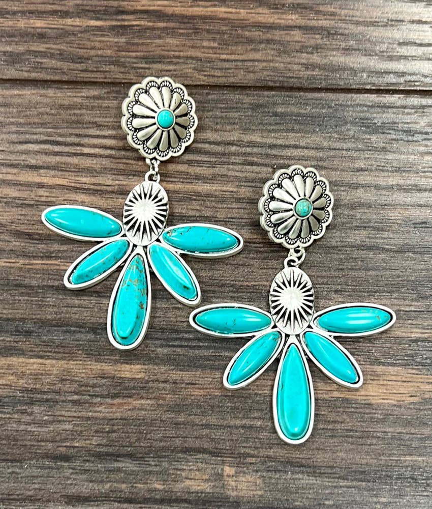 Navajo Turquoise Concho Post Earrings 2.7 Inches Long Antique Silver Plate Silver Elegant