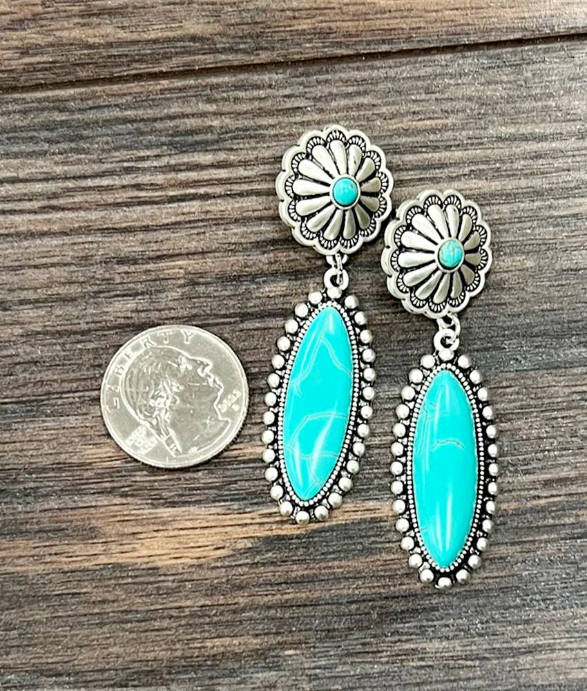 Turquoise Concho Stud Drop Earrings, Native American Design, Ships in Gift Box Silver Elegant