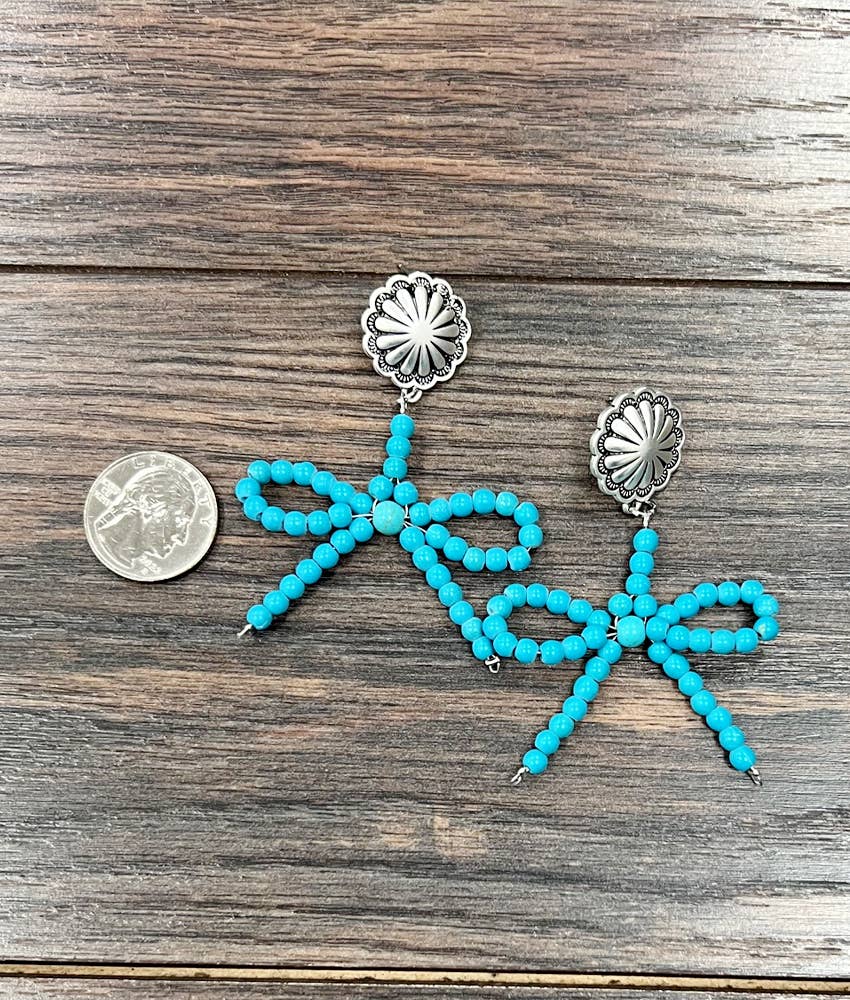 Handmade Ribbon Bow Post Earrings with Turquoise Beads, Western Boho, Ships in Gift Box Silver Elegant