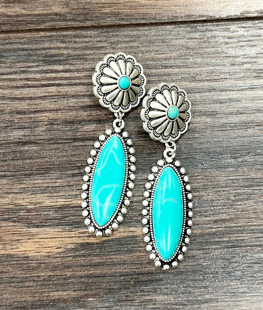 Turquoise Concho Stud Drop Earrings, Native American Design, Ships