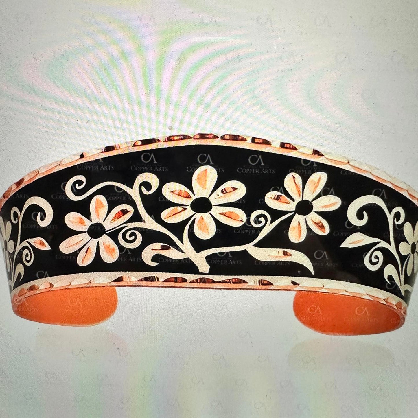 Handcrafted Diamond Cut Black Floral Design Copper Cuff Bracelet Gift Box Silver Elegant