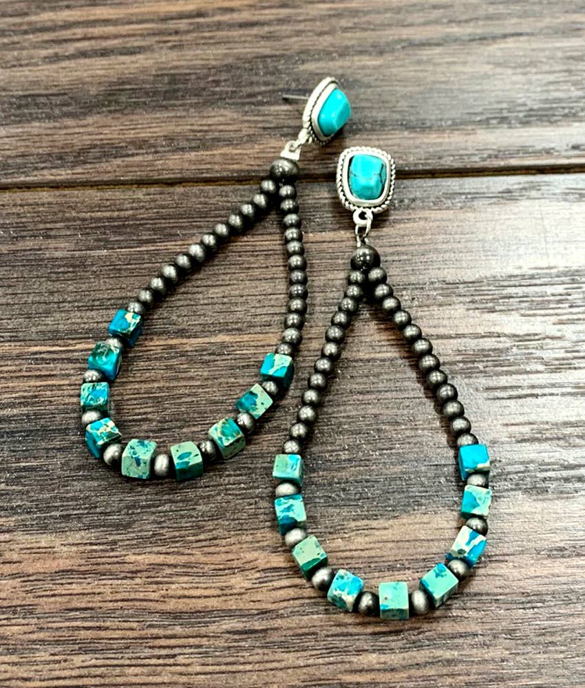 Handmade Navajo Bead Gemstone Earrings for You, Boho Turquoise Silver Beads Earring Silver Elegant