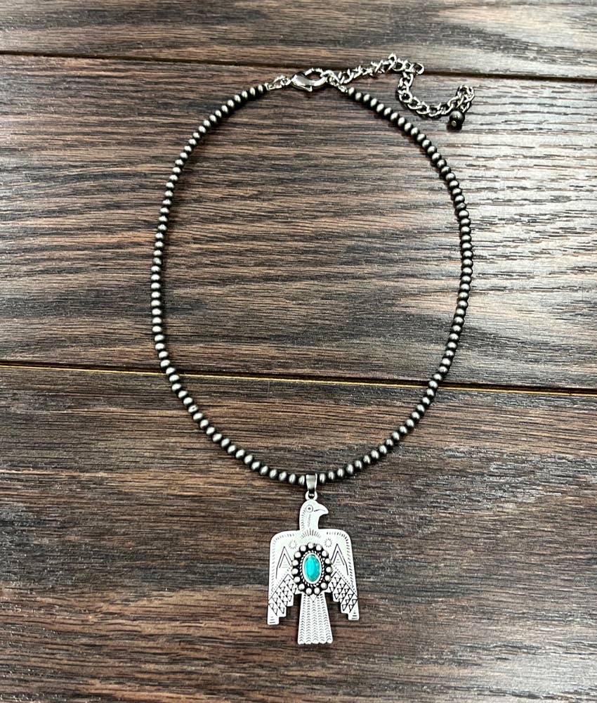 Navajo Style Thunderbird Turquoise 4mm Beaded Silver Tone Pendant Necklace Silver Elegant
