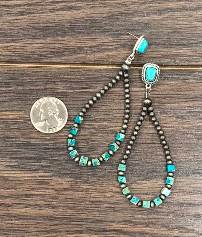 Handmade Navajo Bead Gemstone Earrings for You, Boho Turquoise Silver Beads Earring Silver Elegant