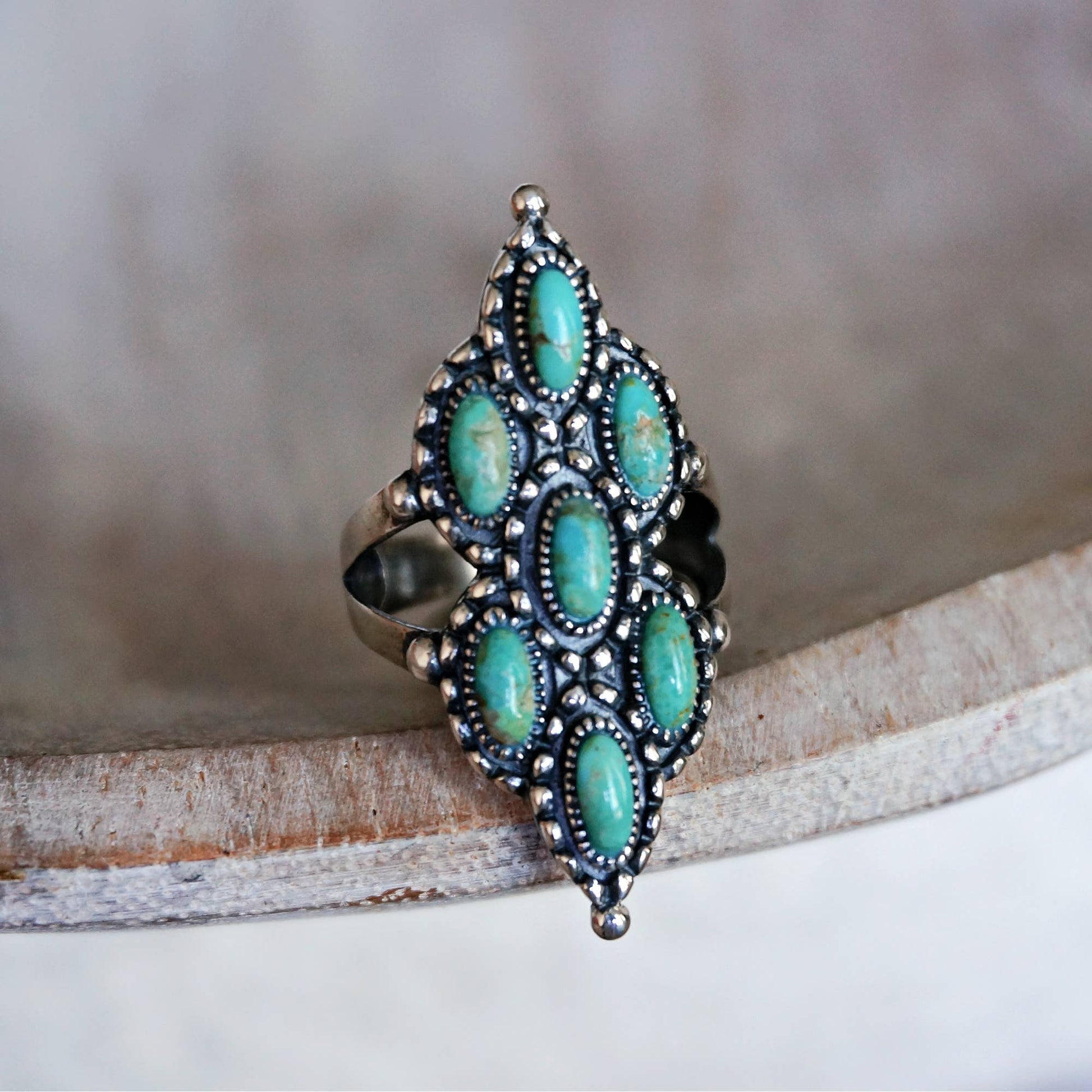 Native Inspired Turquoise Elegance: Adjustable Antique Sterling Silver Ring, Gift Box Silver Elegant