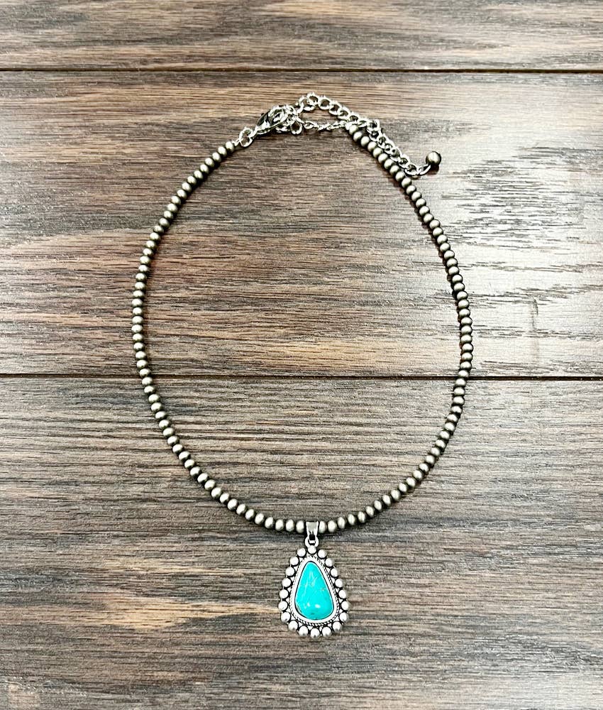 Handmade Navajo Style Turquoise Necklace With Tiny 4mm Beads And 1.3 Inch Pendant Wild West Boho
