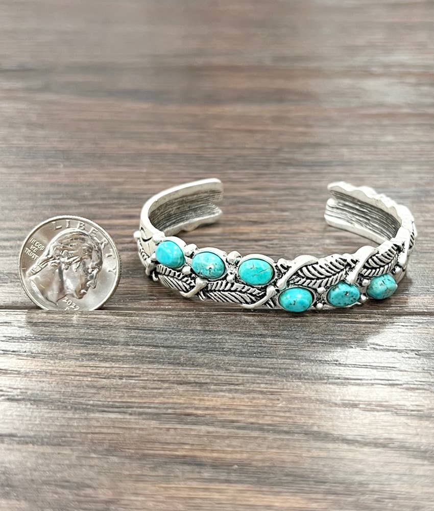Navajo Style Feather Turquoise C Shaped Cuff Bracelet 0.6 Inch Band Silver Elegant