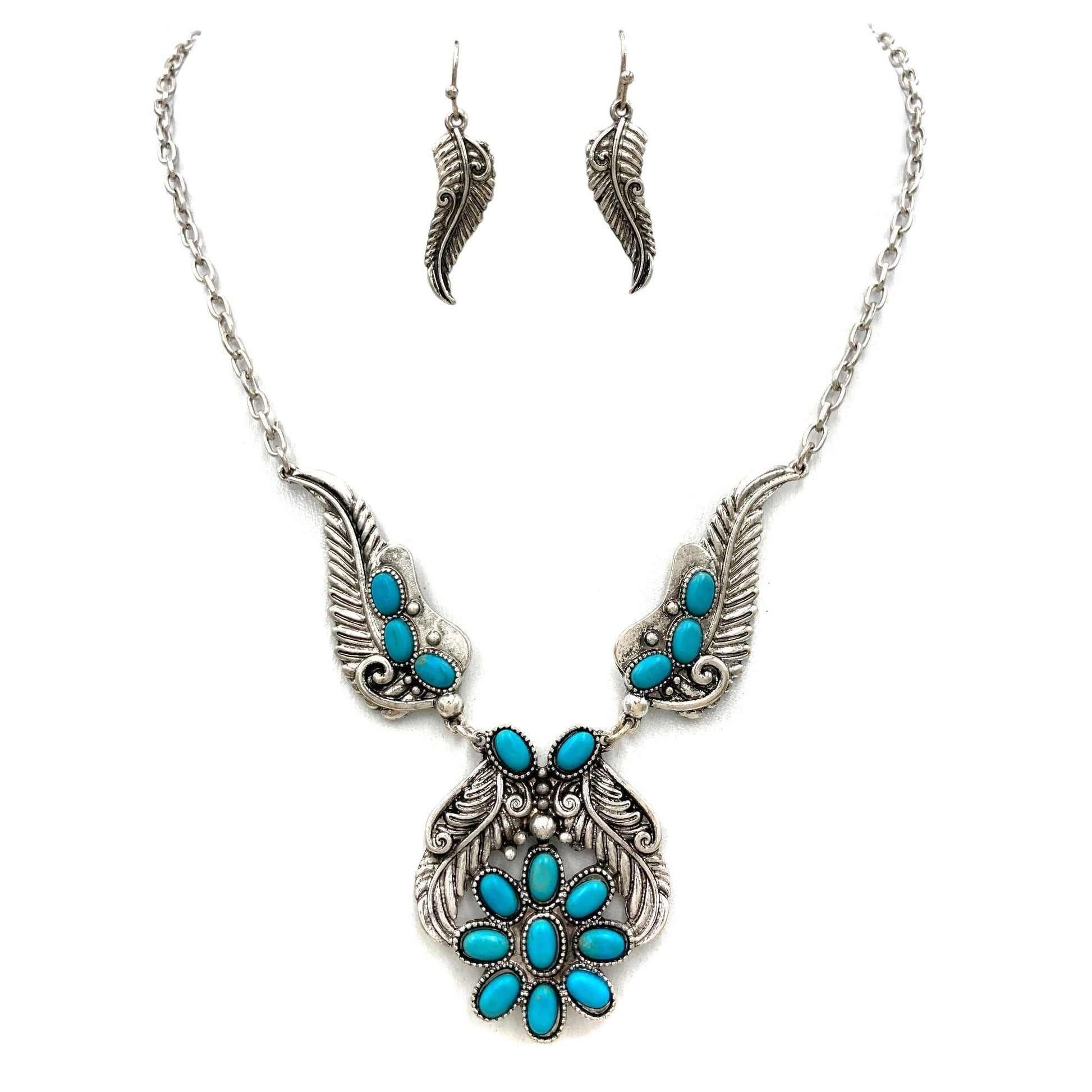 Bohemian Willow Leaf Turquoise Cabochon Jewelry Set: Necklace & Earrings - Silver Elegant