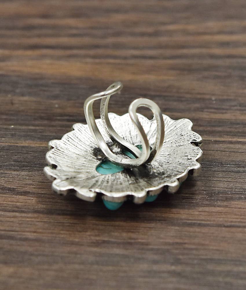 Turquoise Adjustable Statement Cuff Ring with Brass Dual Band, Boho Southwestern Style Ring Silver Elegant
