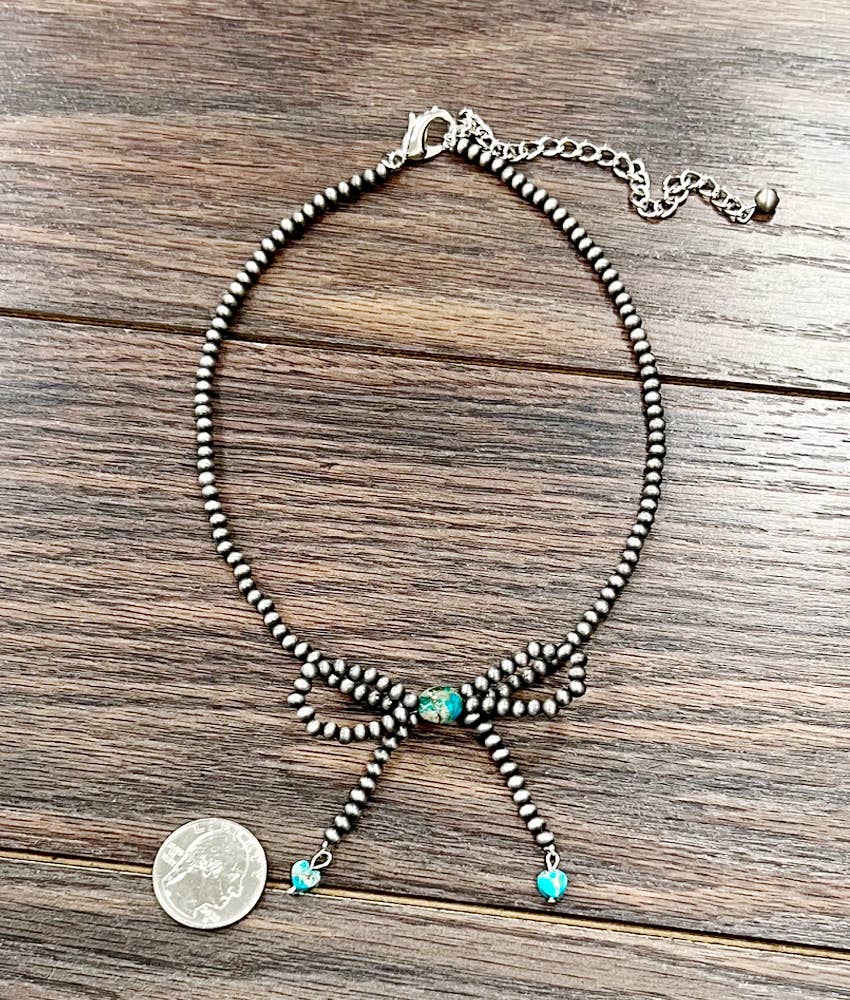 Handmade Ribbon Bow Necklace with Tiny Silver Pearl Beads and Gemstones Silver Elegant