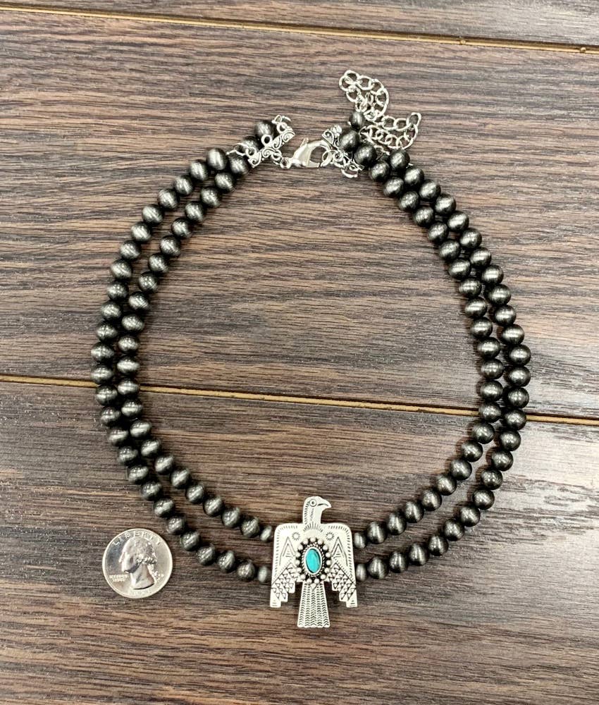 Handmade Navajo Faux Pearl Bead Thunderbird Necklace, Turquoise 16 Inch Two Strand Design Silver Elegant