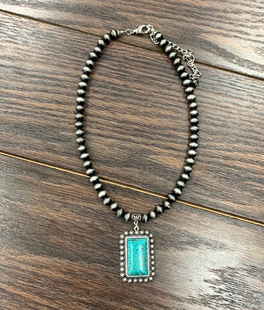 Handmade Navajo Style Turquoise 4 mm Bead Necklace with Pendant 16 to 21 Inches Wild West Boho