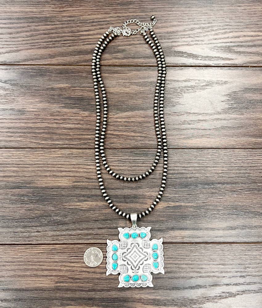 Aztec Turquoise Two Strand Necklace 24 Inch Handmade Silver Elegant