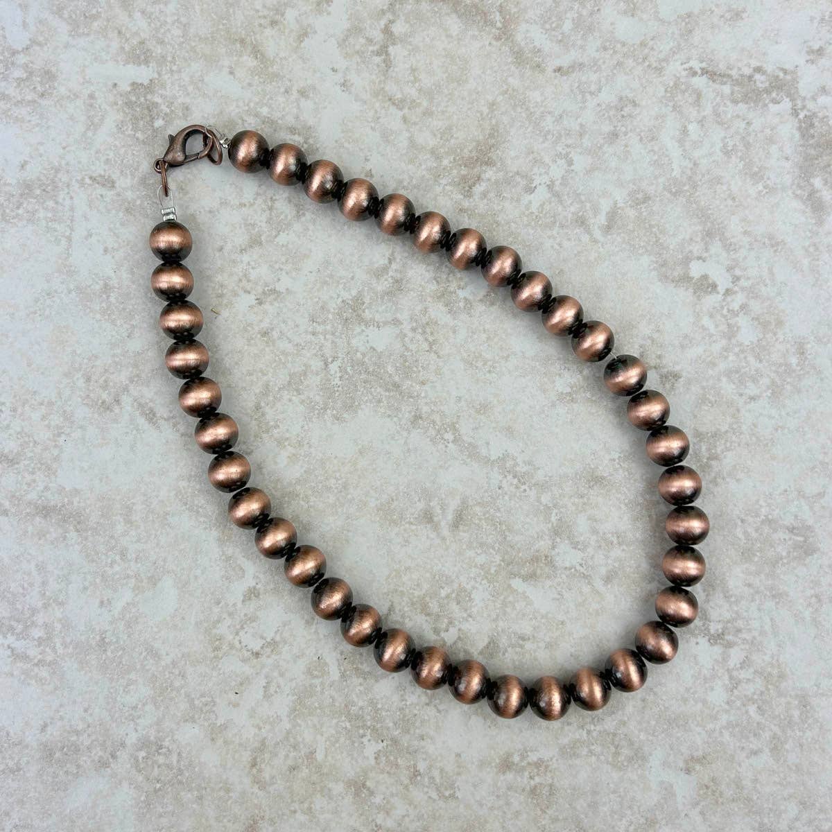 Navajo Style Faux COPPER Pearl Bead Choker Necklace 15 Inch Length, 10mm Beads Silver Elegant