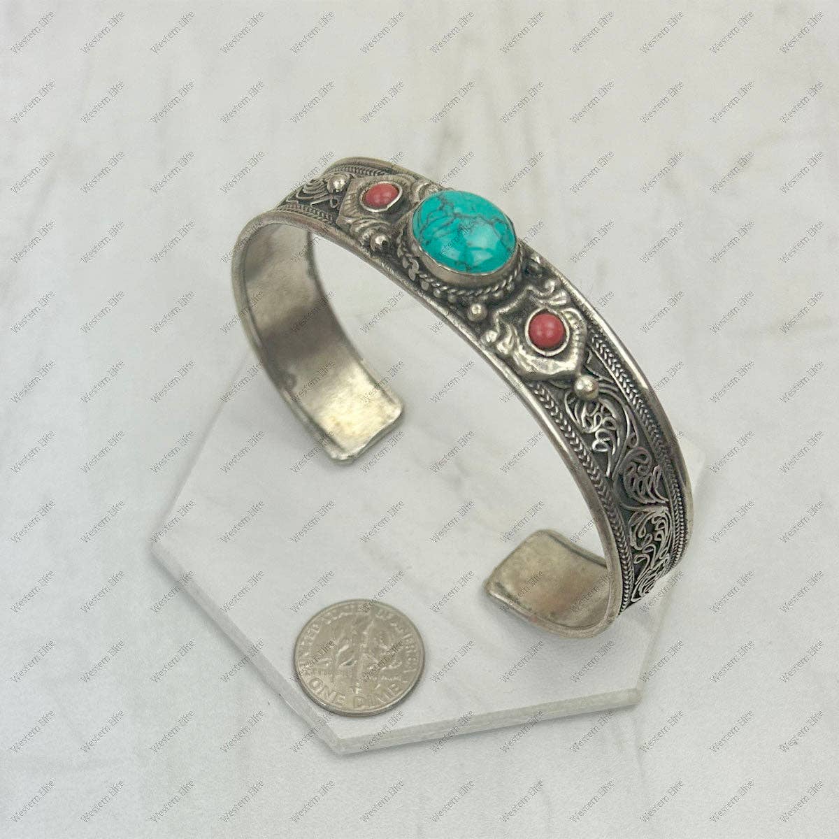 Navajo Style Blue Turquoise And Red Coral German Silver Cuff Bangle Bracelet WildWestBoho