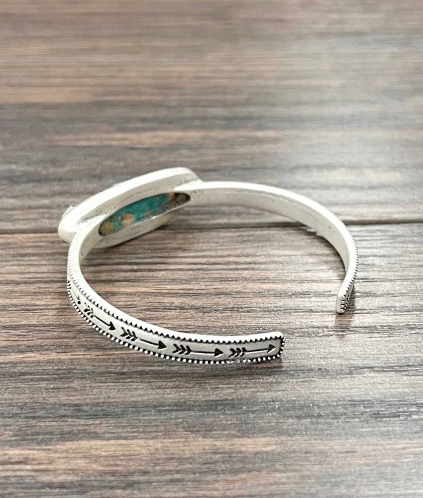 Natural Gemstone Cuff Bracelet C Shaped Antique Plate Silver Elegant