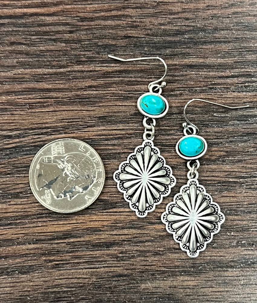 Concho Turquoise Drop Earrings, Southwestern Chic Design, Ships in Gift Box Silver Elegant