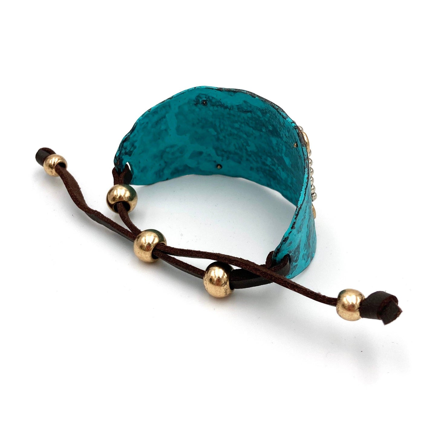 Serenity Prayer Bracelet Cuff in Patina with Copper Cross and Gold Praying Gesture on Silver Plate Leather Adjustable WildWestBoho