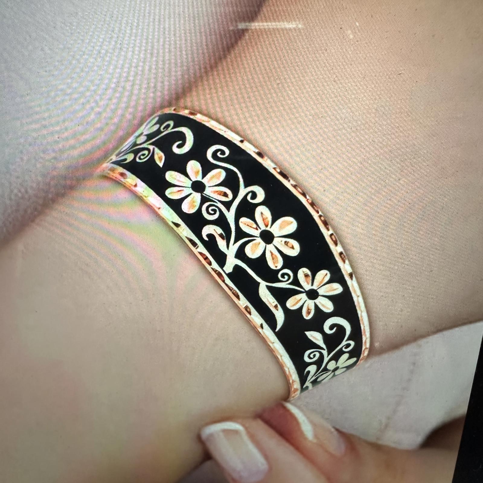 Handcrafted Diamond Cut Black Floral Design Copper Cuff Bracelet Gift Box Silver Elegant