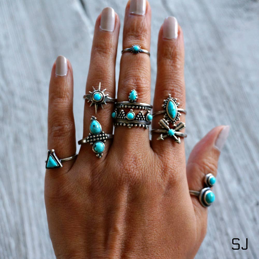 Boho Native Inspired Friendship Arrow Adjustable Sterling Silver Turquoise Ring, Gift Box Silver Elegant