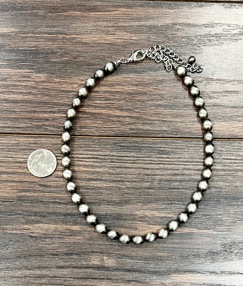 Handmade Oval Navajo Style Silver Tone Bead Necklace With 10mm Beads Wild West Boho