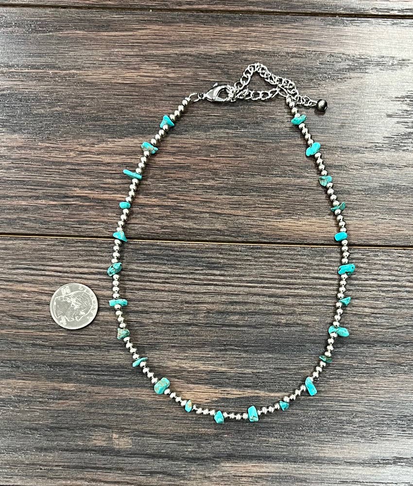 Handmade Navajo Style Turquoise Chip Necklace With Silver Tone Beads 16 To 21 Inches Wild West Boho
