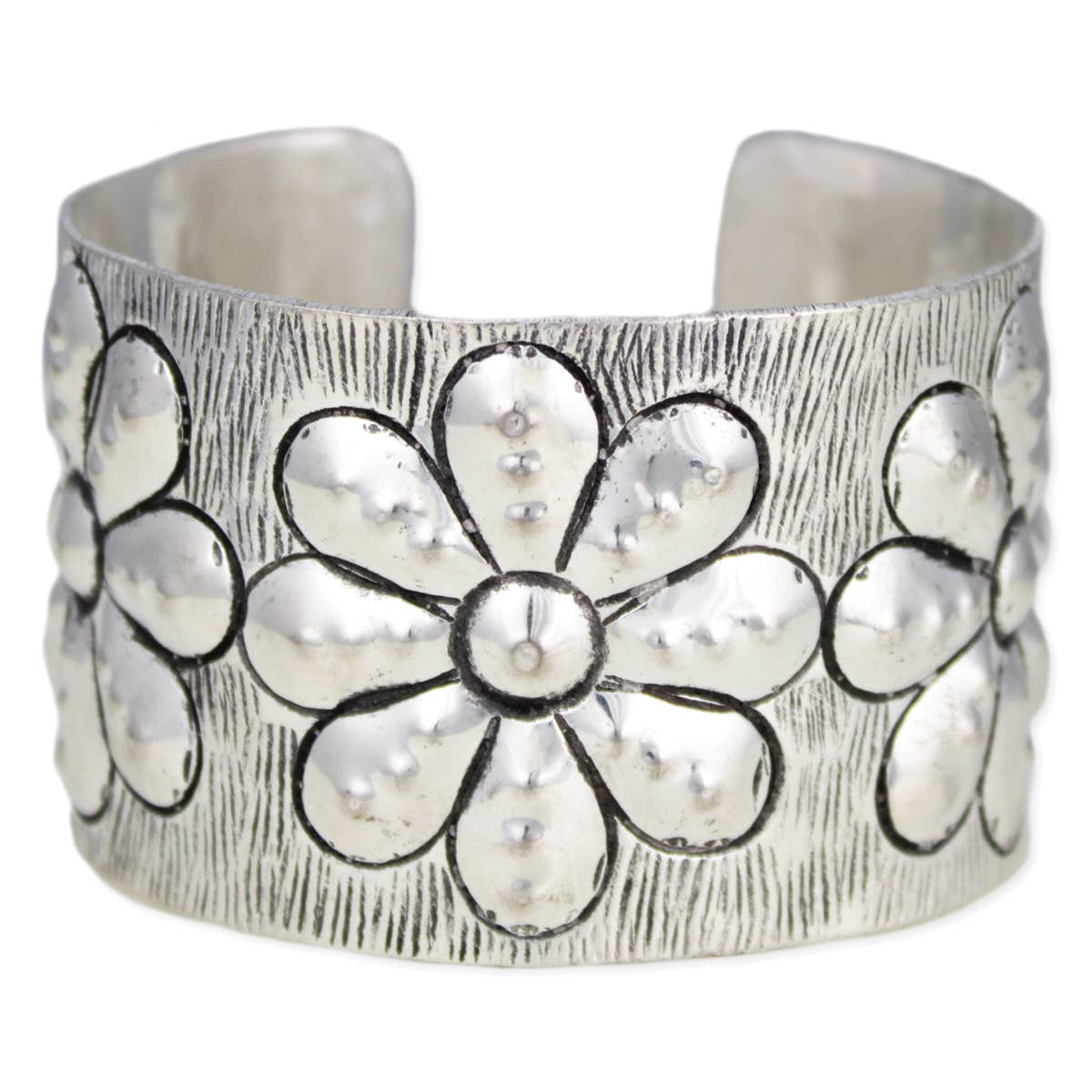 Southwest Flower Cuff Silver Bracelet Boho Wide Embossed Design Wild West Boho