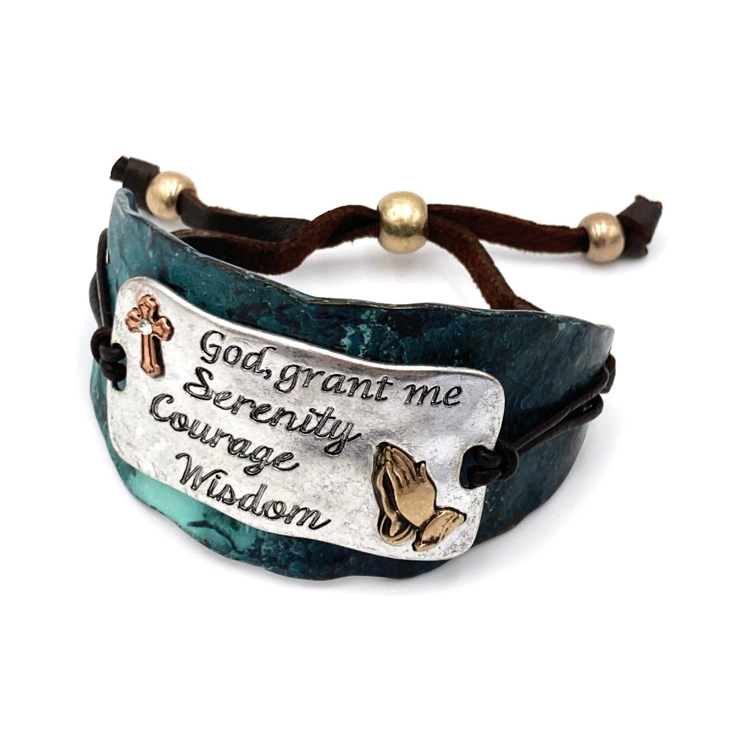 Serenity Prayer Bracelet Cuff in Patina with Copper Cross and Gold Praying Gesture on Silver Plate Leather Adjustable WildWestBoho