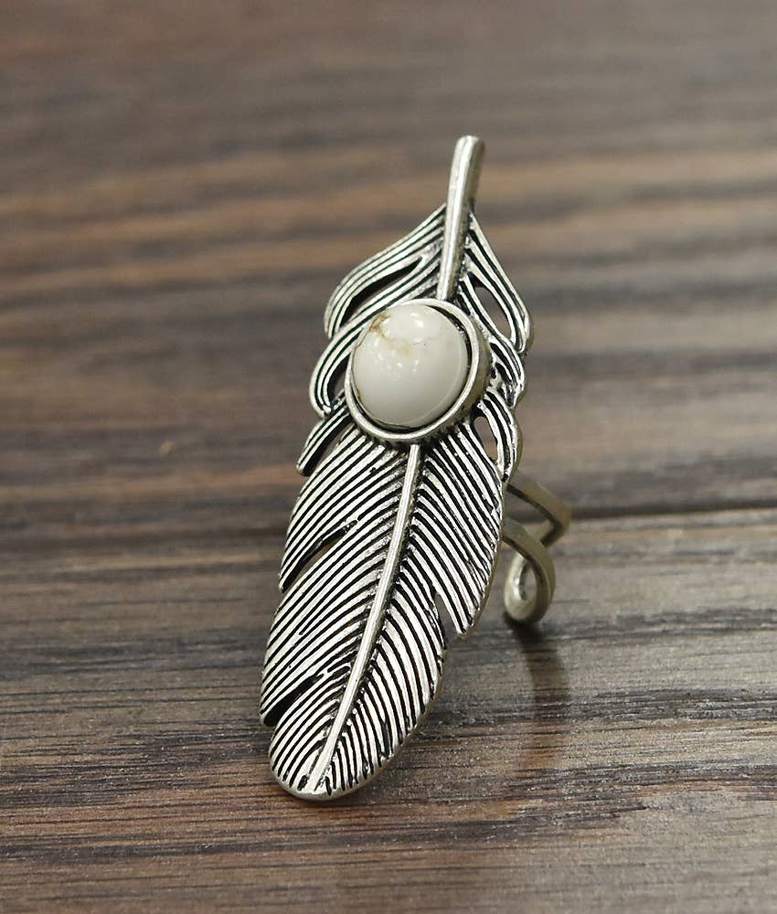 Navajo Style Feather White Turquoise Adjustable Statement Cuff Ring for All Sizes Silver Elegant