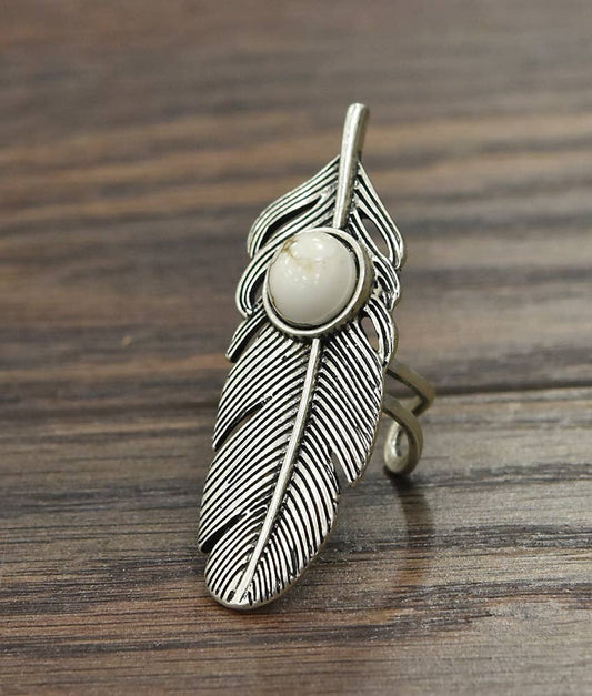 Navajo Style Feather White Turquoise Adjustable Statement Cuff Ring for All Sizes Silver Elegant