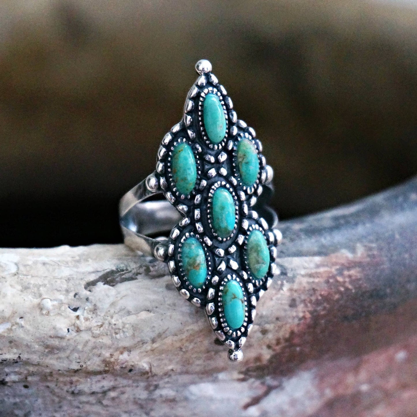 Native Inspired Turquoise Elegance: Adjustable Antique Sterling Silver Ring, Gift Box Silver Elegant