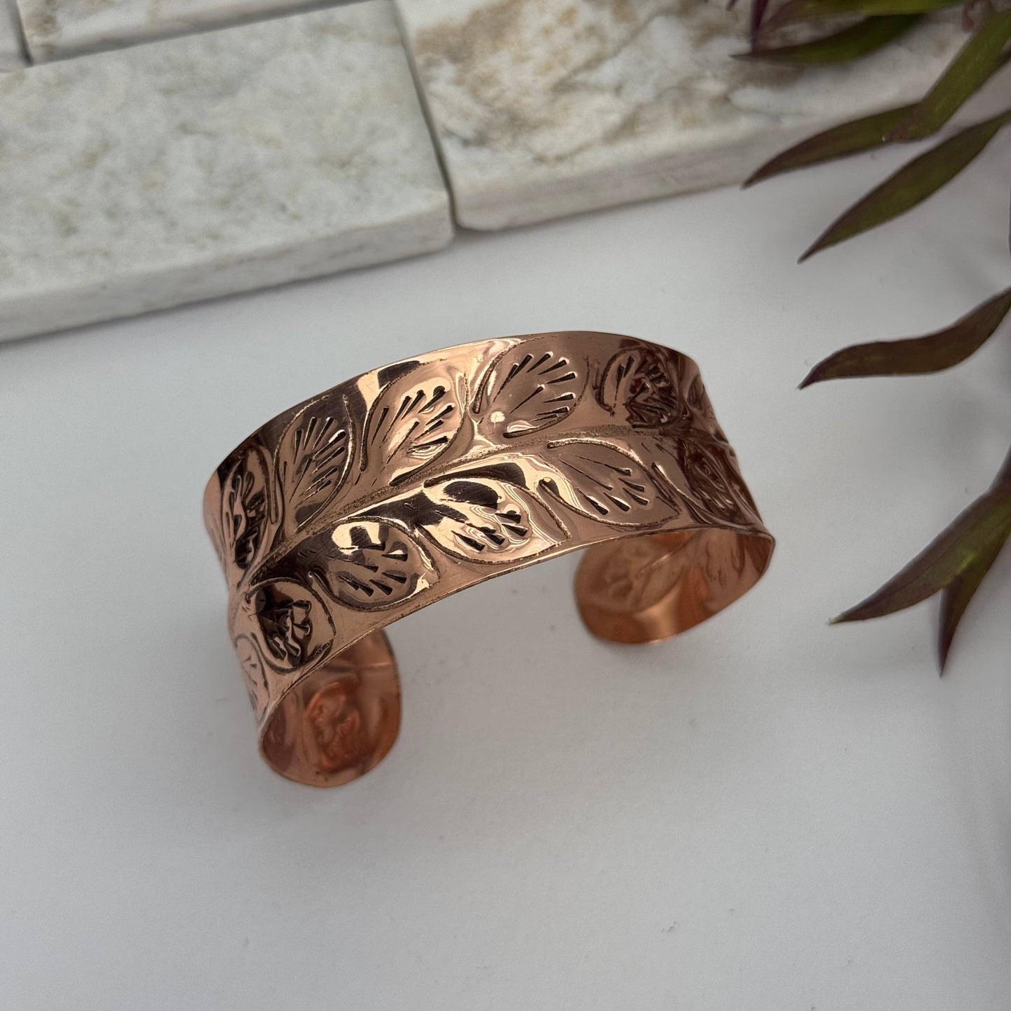 Handcrafted Copper Leaf Trail Cuff With Etched Leaf Design Anju Jewelry