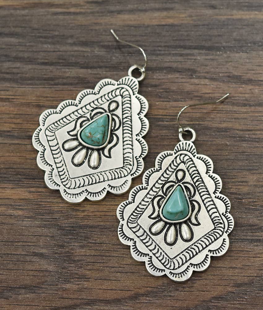 721034 Concho Turquoise Earrings - 2 Inch Long Beauty Silver Elegant