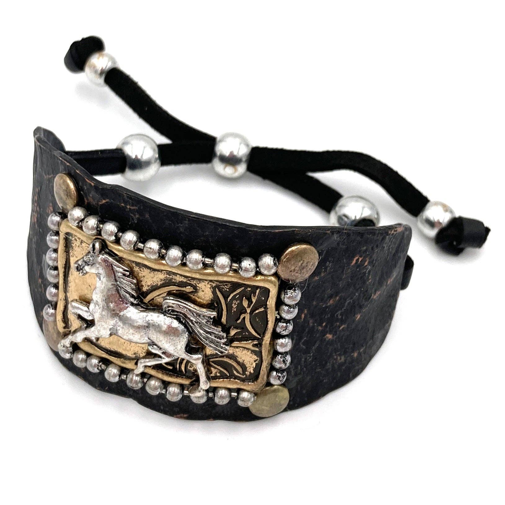 Horse Cantering Western Bracelet Cuff In Brown Leather With Vintage Copper Plate WildWestBoho