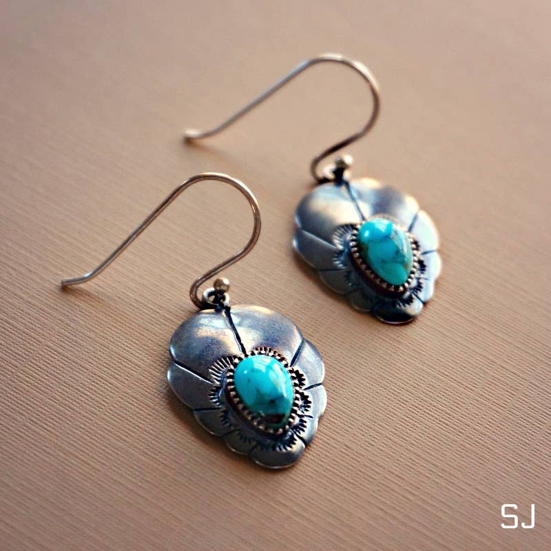 Native American Turquoise Dreamcatcher Wire Drop Earrings in Sterling Silver, Gift Box Silver Elegant