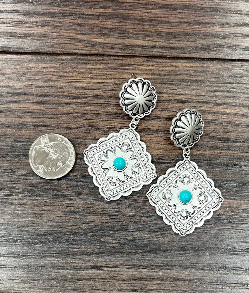 Concho Turquoise Post Earrings 2.5 Inch Brass Lightweight Silver Elegant