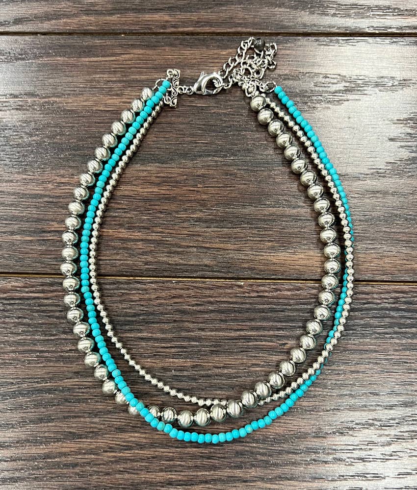 Handmade 16 Inch Silver Navajo Bead And Turquoise Necklace Silver Elegant