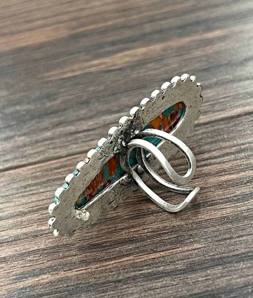 Southwestern Gemstone Adjustable Statement Cuff Ring with Brass Dual Band Silver Elegant