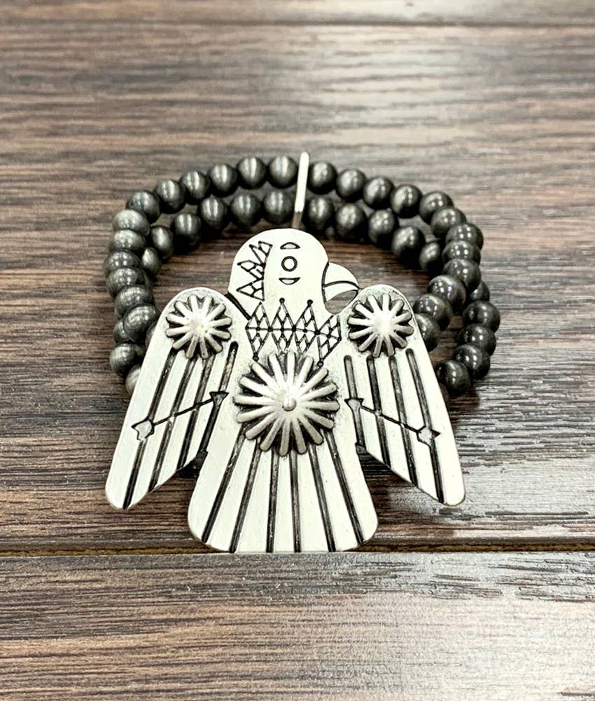 Navajo Thunderbird Beaded Stretch Bracelet, Native American Bold Style, Ships in Gift Box Silver Elegant