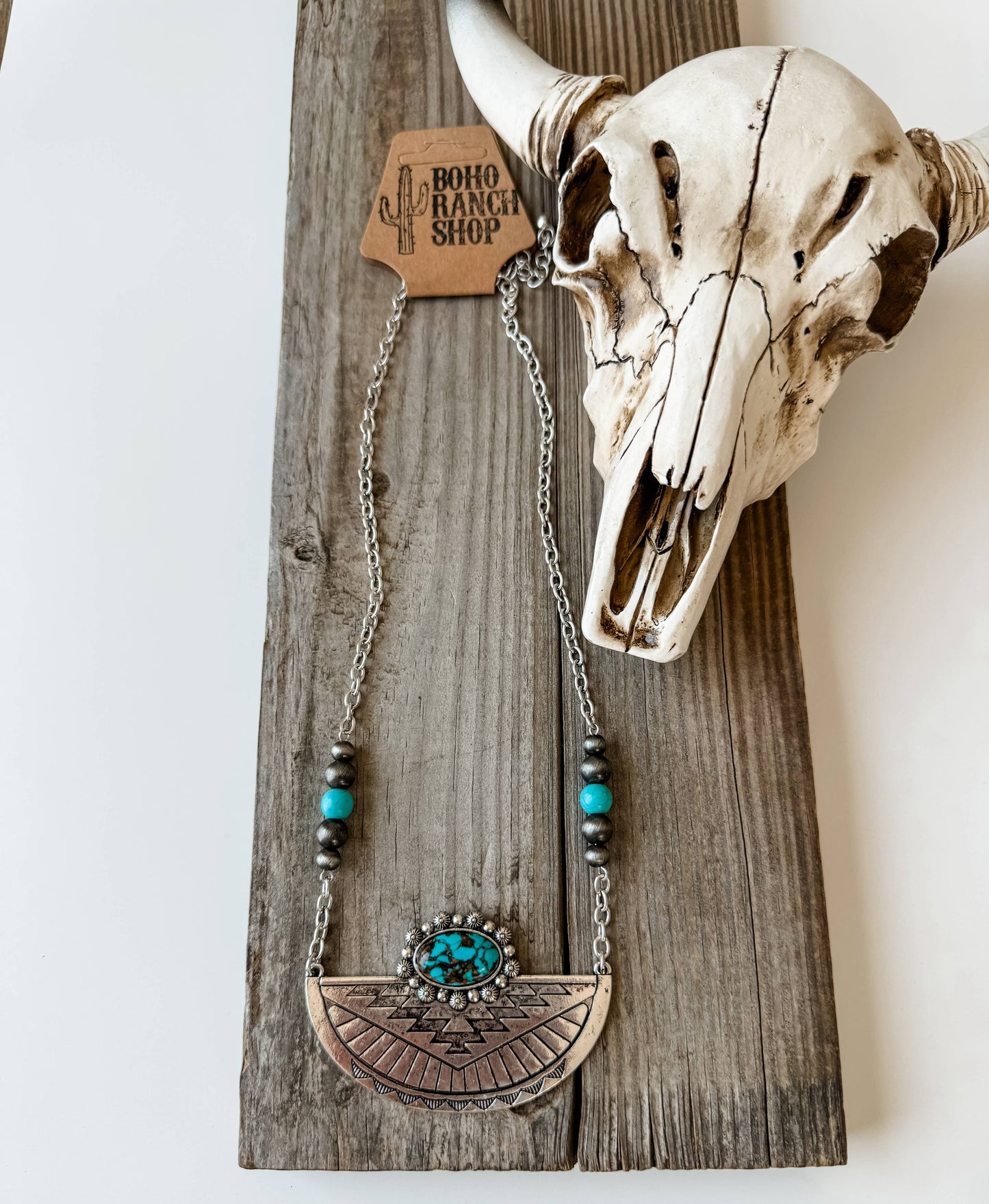 Western Aztec Style Turquoise Stone Pendant Necklace with Burnished Silver and Extension Chain WildWestBoho