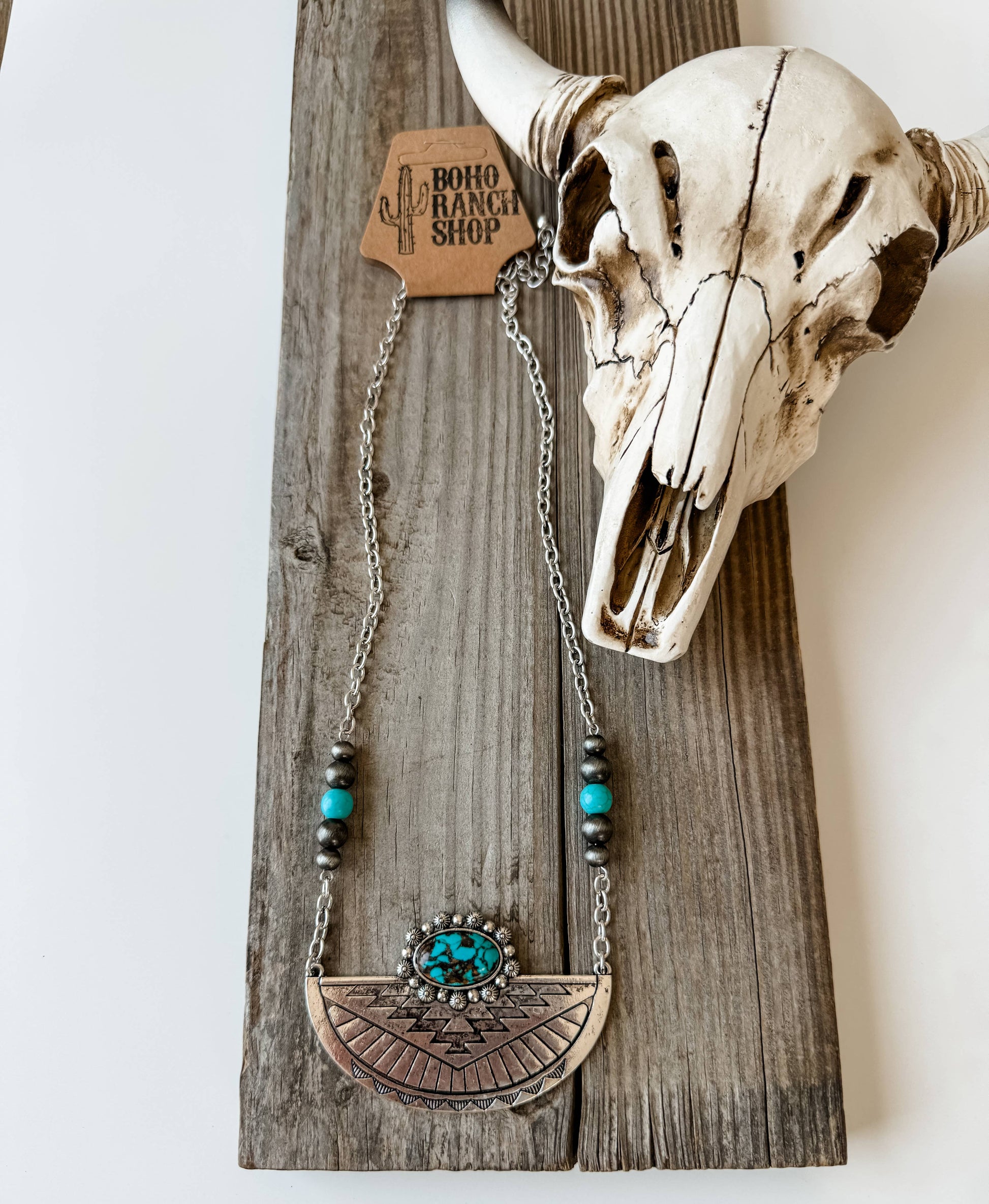 Western Aztec Style Turquoise Stone Pendant Necklace with Burnished Silver and Extension Chain WildWestBoho