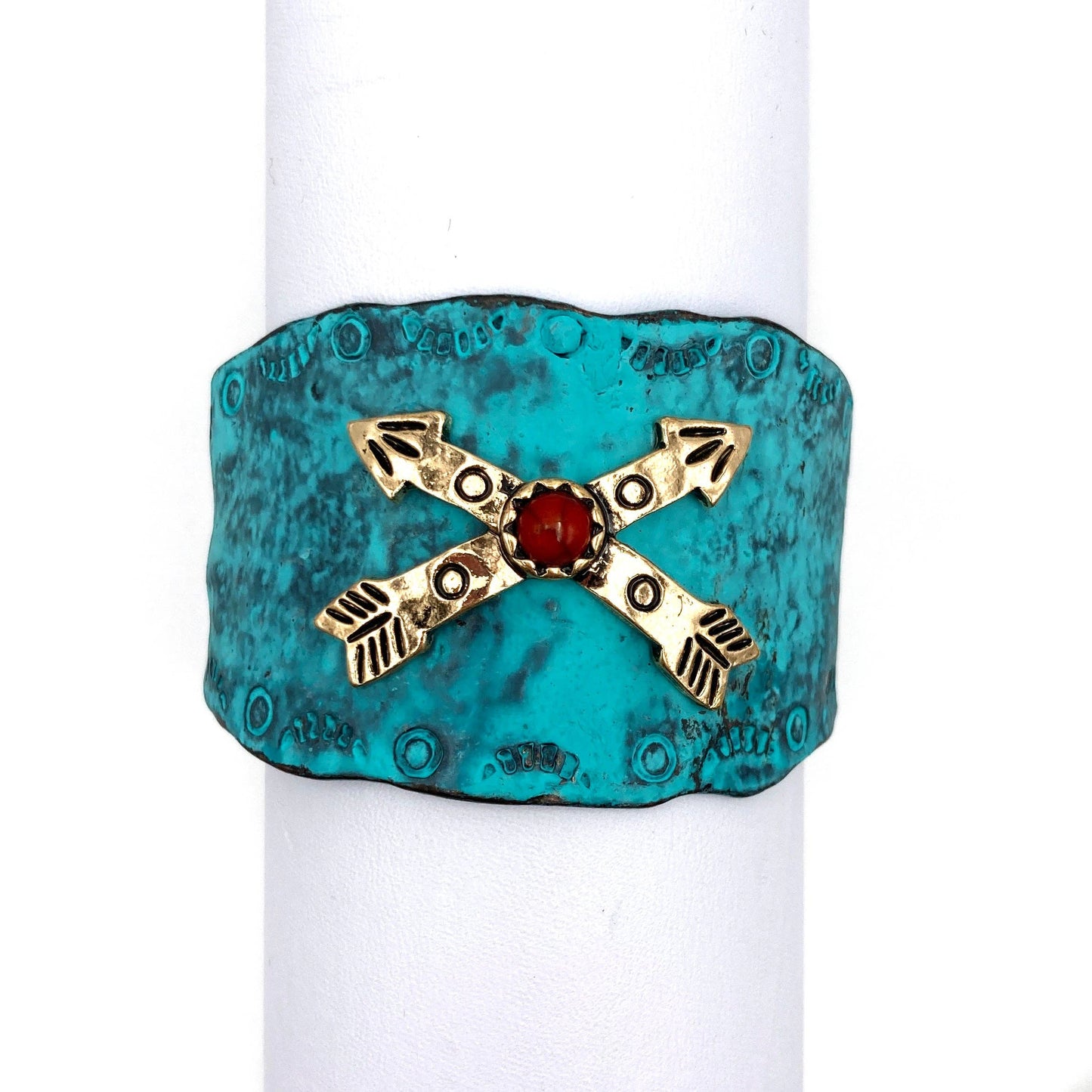 Native Cross Arrow Red Stone Western Bracelet Cuff with Adjustable Leather Straps Silver Elegant