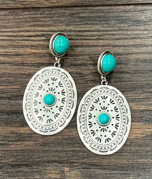 Concho Turquoise Post Earrings Two Point Five Inch Silver Silver Elegant
